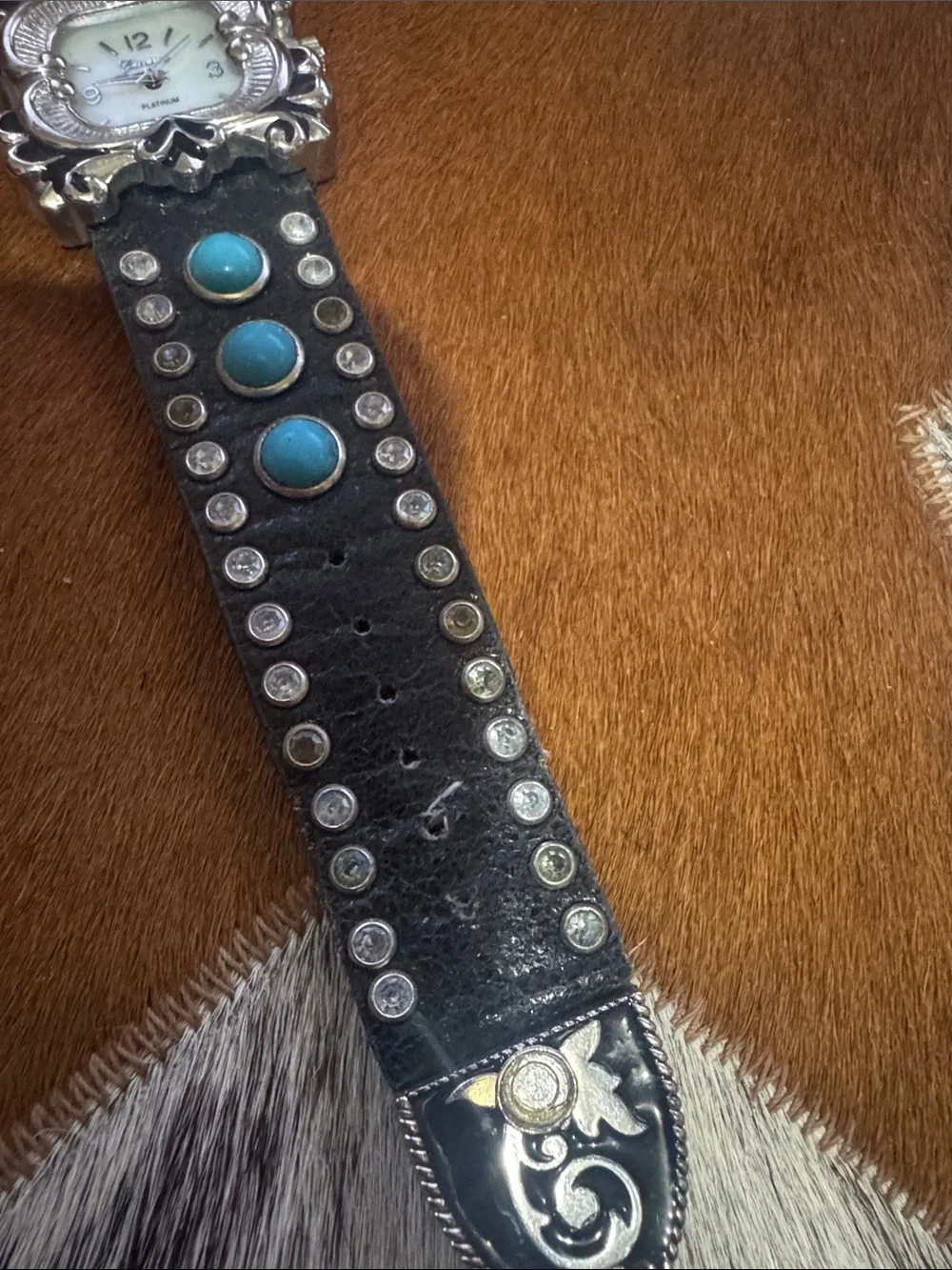 Turquoise Accent Black Western-Style Leather Watch Bracelet